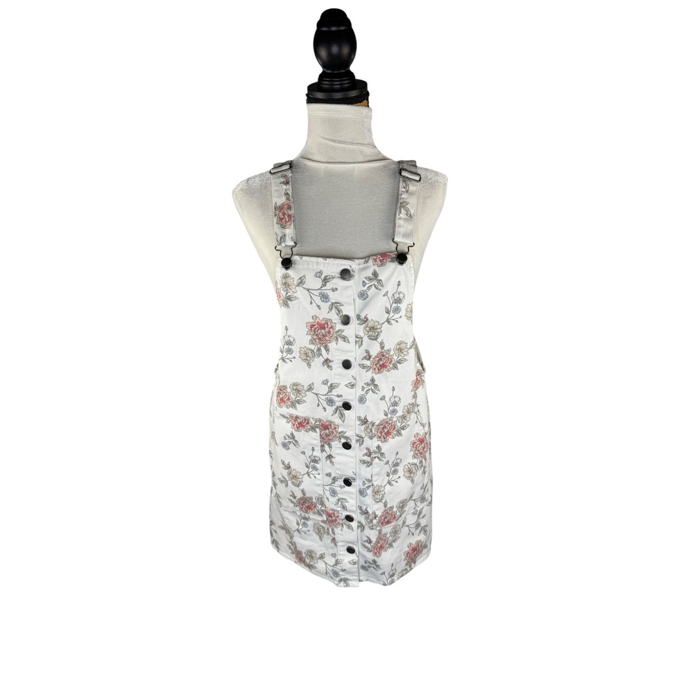 Tinseltown Women White Floral Denim Button Front Overall Pinafore Dress Mini
